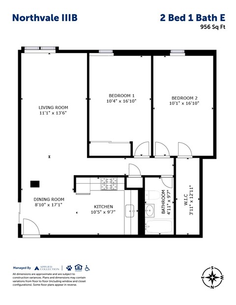 Floor plan for 2 beds, 1 bath, 956 sqft